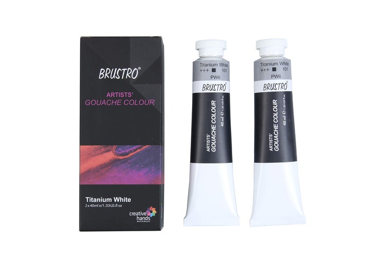 BRUSTRO Artist's Gouche Paint | Titanium White, 40ml - Twin Pack | Opaque Colour, Intermixable, Rich Pigments, Non Toxic Color for Paper, Canvas, Professionals and Students. - Image 1