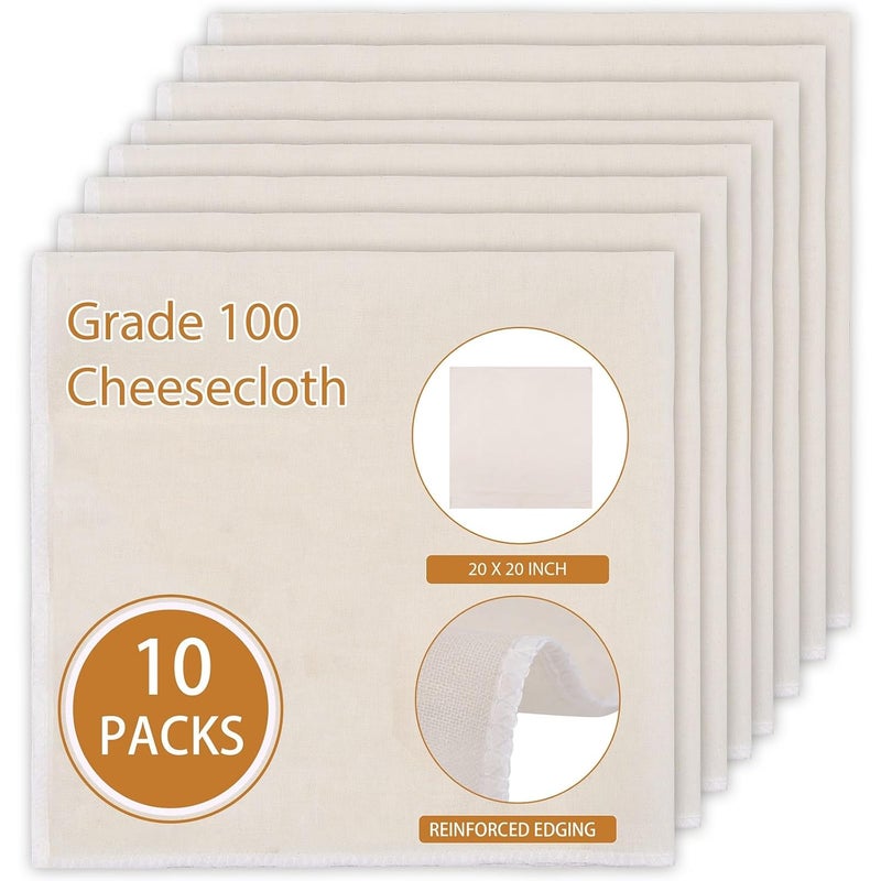 Welyspix 10 PCS Reusable Cheese Cloths for Straining 20x20 Inch Hemmed Organic Cheesecloth 100 Cotton Unbleached Cloth Strainer for Coffee Brewing Cooking Baking Juicing Straining Cheese Making - Image 1