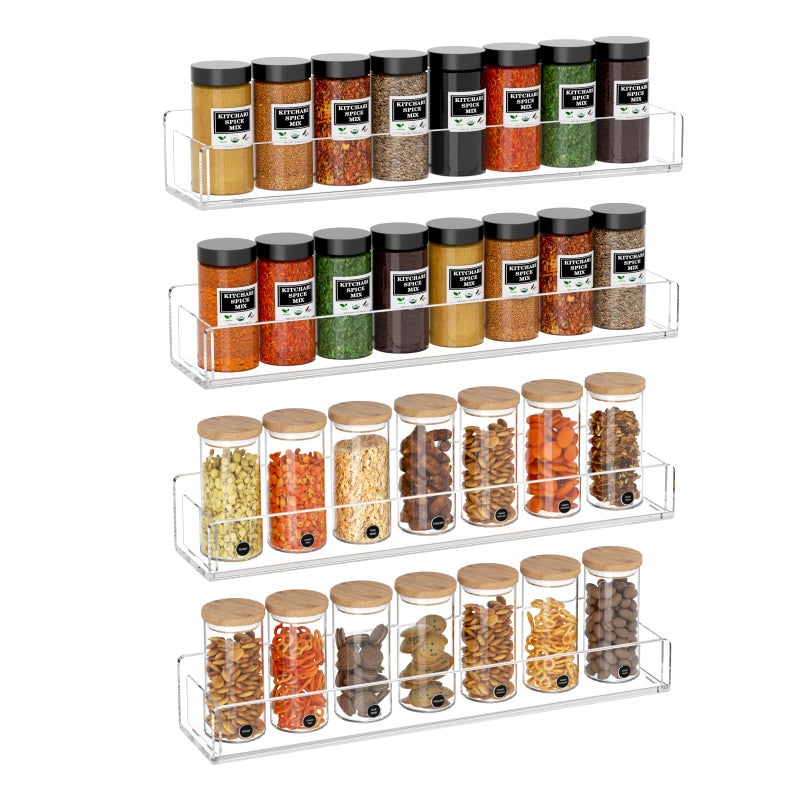 NIUBEE Wall Mounted Spice Rack OrganizerClear Acrylic Spice Shelf Storage HolderHanging Seasoning Rack Organizer for Wall Kitchen 4 Pack