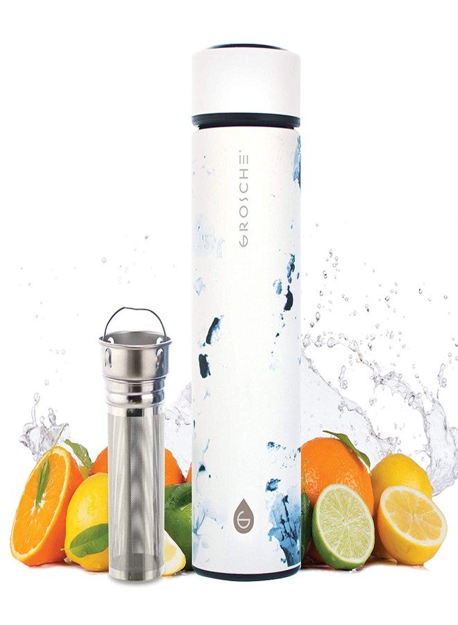 GROSCHE Chicago EXTRA LONG INFUSER 450 ml (15.2 fl. Oz) SOFT TOUCH - (White Marble) Tea and Fruit Infuser Bottle - Double Walled Vacuum Insulated Stainless Steel Flask | Hot & Cold Tea Infuser Bottle - Image 1