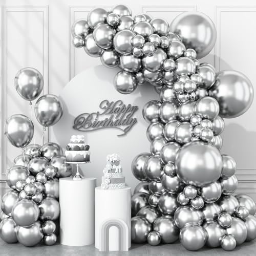 Togvu Metallic Silver Balloons Different Size 123 Packs Silver Balloons Arch Kit Pack of 18 12 10 5 Inch Chrome Silver Balloons Garland for Birthday Graduation Wedding Anniversary Decoration - Image 1