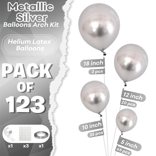 Togvu Metallic Silver Balloons Different Size 123 Packs Silver Balloons Arch Kit Pack of 18 12 10 5 Inch Chrome Silver Balloons Garland for Birthday Graduation Wedding Anniversary Decoration - Image 5