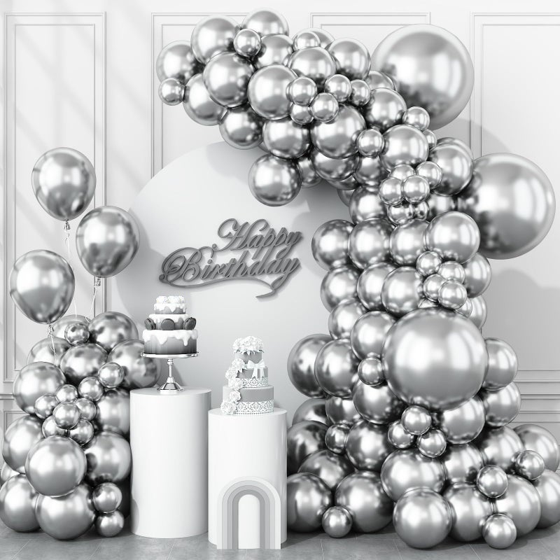 Togvu Metallic Silver Balloons Different Size 123 Packs Silver Balloons Arch Kit Pack of 18 12 10 5 Inch Chrome Silver Balloons Garland for Birthday Graduation Wedding Anniversary Decoration - Image 3