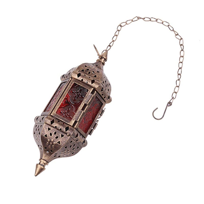 NUPTIO 2 Pcs Hanging Hexagon Decorative Moroccan Candle Lantern Holders, Handmade Hanging Tea Light Holder in Bronze Metal & Red & Purple Glass Gift & Decor Items - Image 4