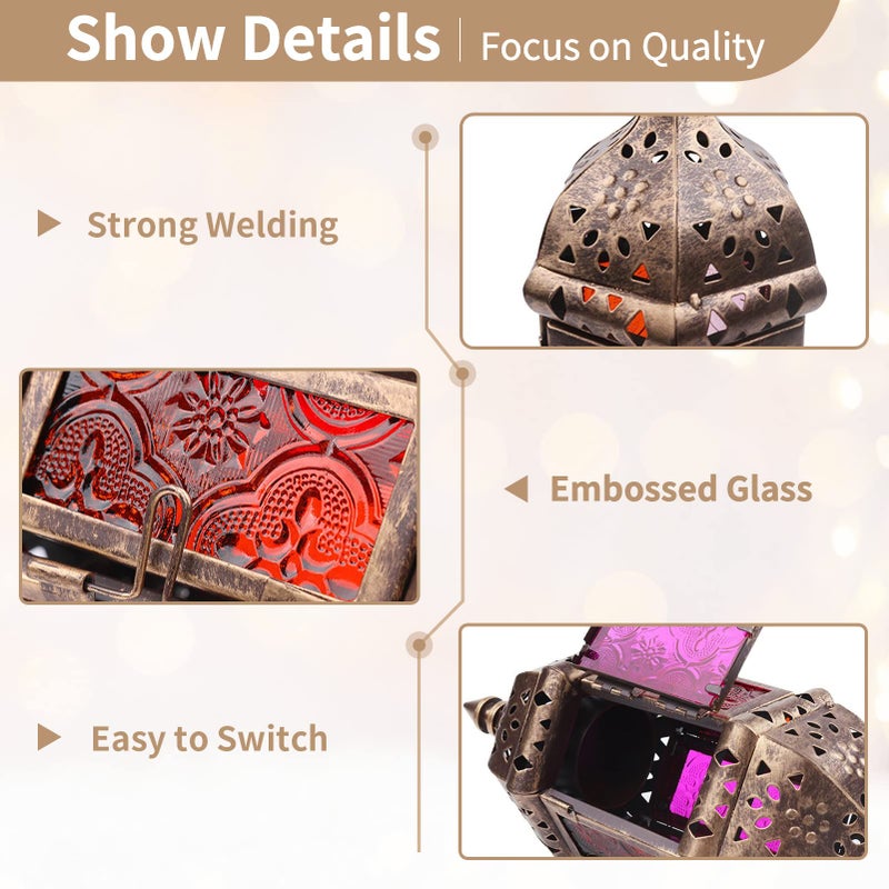 NUPTIO 2 Pcs Hanging Hexagon Decorative Moroccan Candle Lantern Holders, Handmade Hanging Tea Light Holder in Bronze Metal & Red & Purple Glass Gift & Decor Items - Image 5