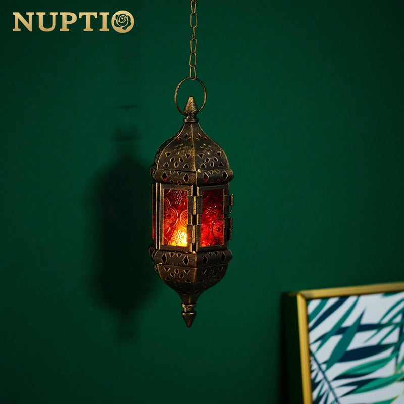 NUPTIO 2 Pcs Hanging Hexagon Decorative Moroccan Candle Lantern Holders, Handmade Hanging Tea Light Holder in Bronze Metal & Red & Purple Glass Gift & Decor Items - Image 3