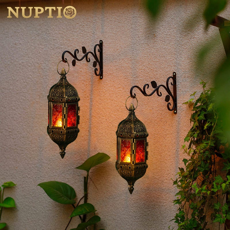 NUPTIO 2 Pcs Hanging Hexagon Decorative Moroccan Candle Lantern Holders, Handmade Hanging Tea Light Holder in Bronze Metal & Red & Purple Glass Gift & Decor Items - Image 2