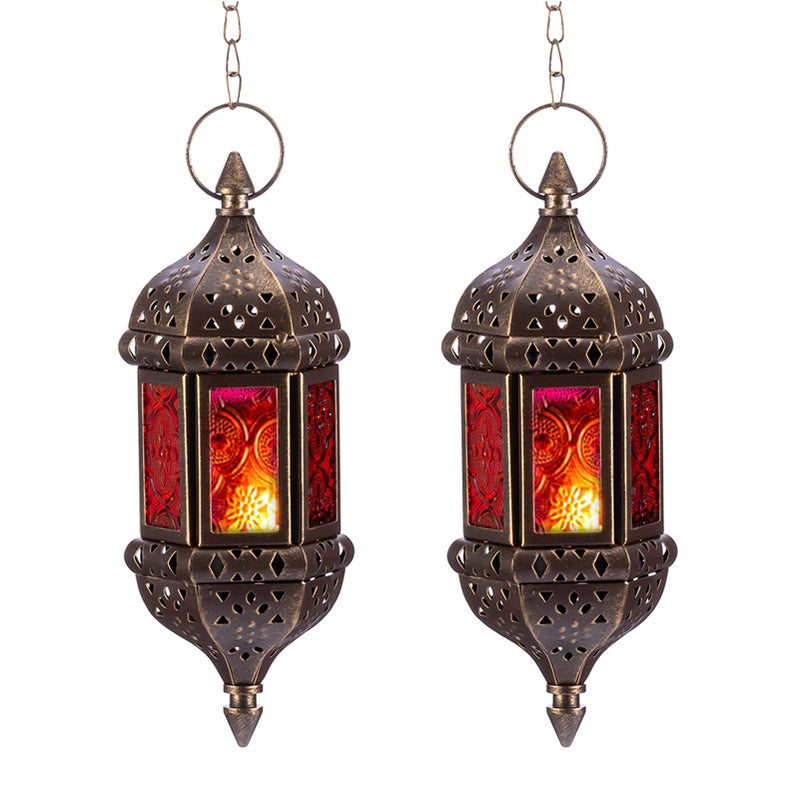 NUPTIO 2 Pcs Hanging Hexagon Decorative Moroccan Candle Lantern Holders, Handmade Hanging Tea Light Holder in Bronze Metal & Red & Purple Glass Gift & Decor Items - Image 1