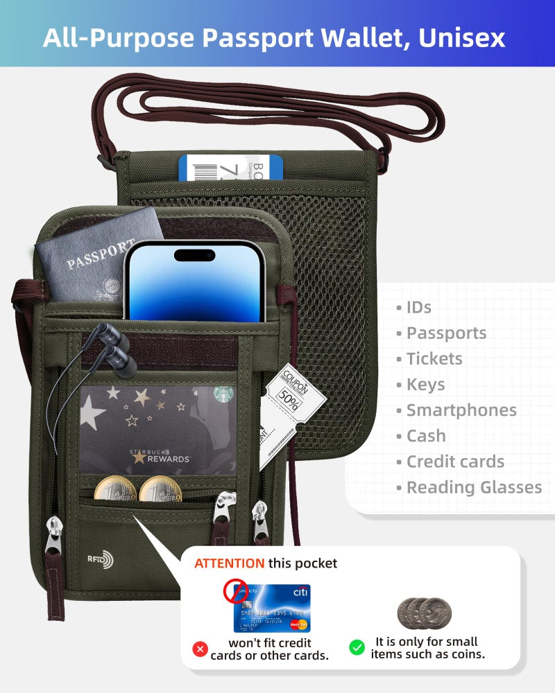 WALNEW Passport Holder Neck Pouch Travel Wallet for Women and Men, RFID Blocking Security Slim Traveling Wallet with Around Neck Lanyard Strap, Army Green - Image 5
