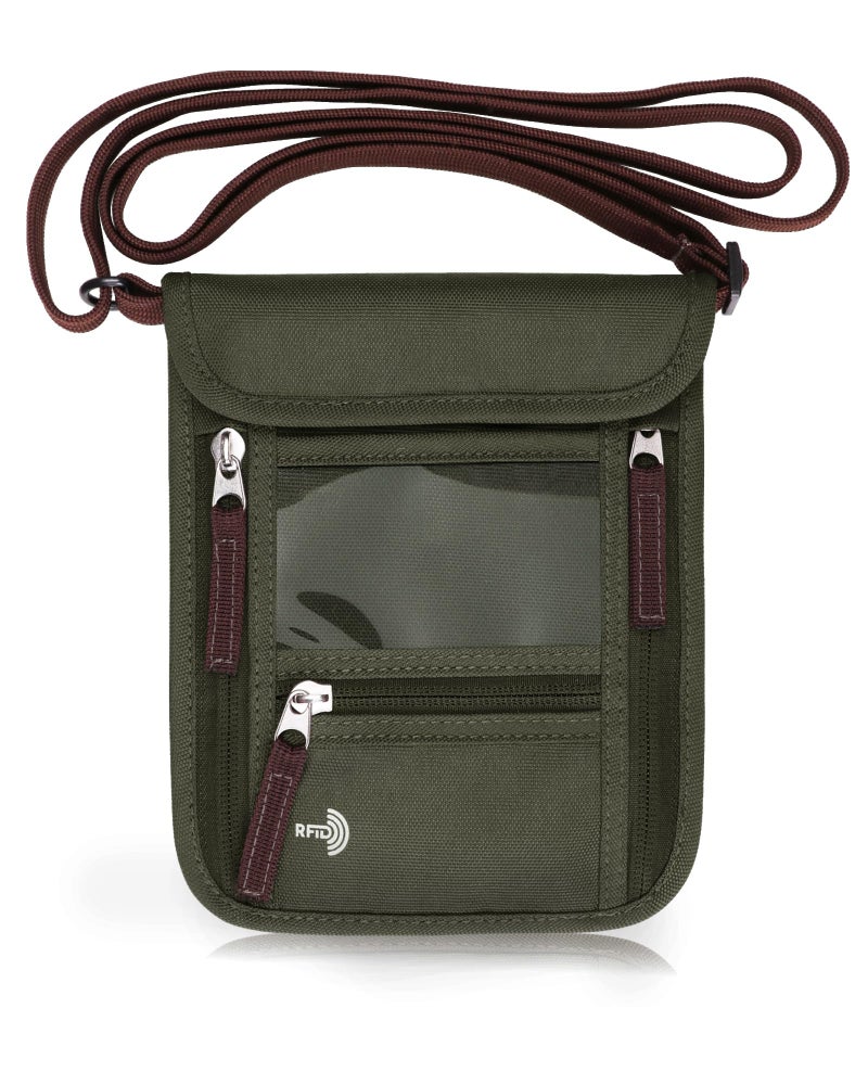 WALNEW Passport Holder Neck Pouch Travel Wallet for Women and Men, RFID Blocking Security Slim Traveling Wallet with Around Neck Lanyard Strap, Army Green - Image 1