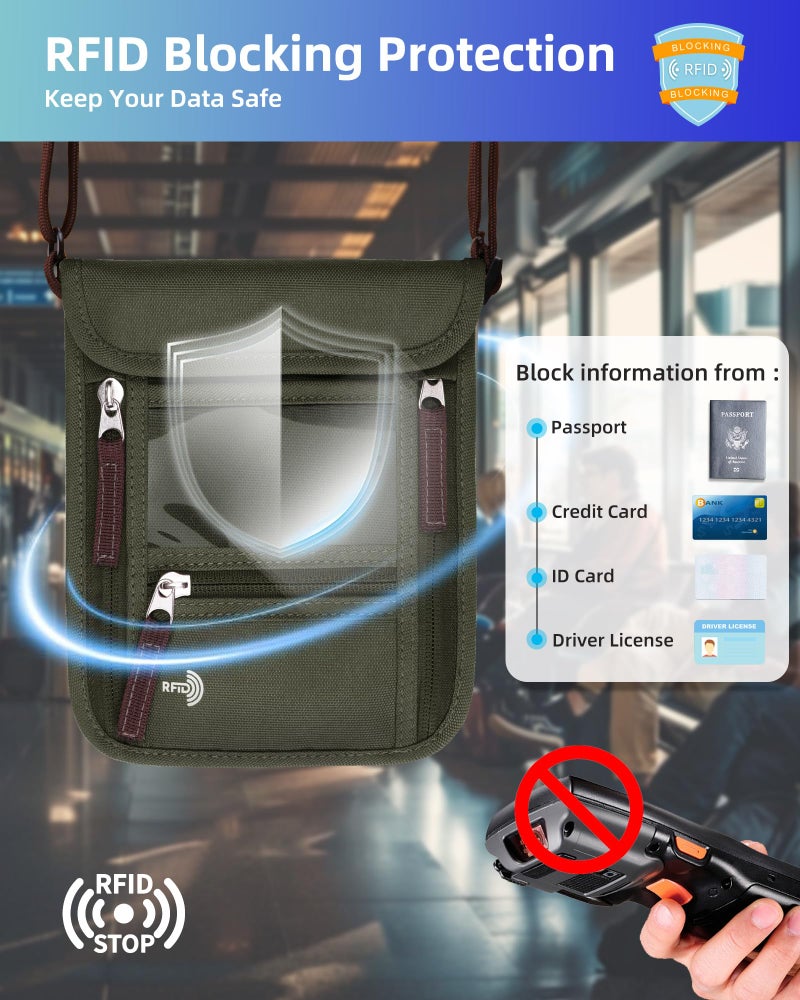 WALNEW Passport Holder Neck Pouch Travel Wallet for Women and Men, RFID Blocking Security Slim Traveling Wallet with Around Neck Lanyard Strap, Army Green - Image 3