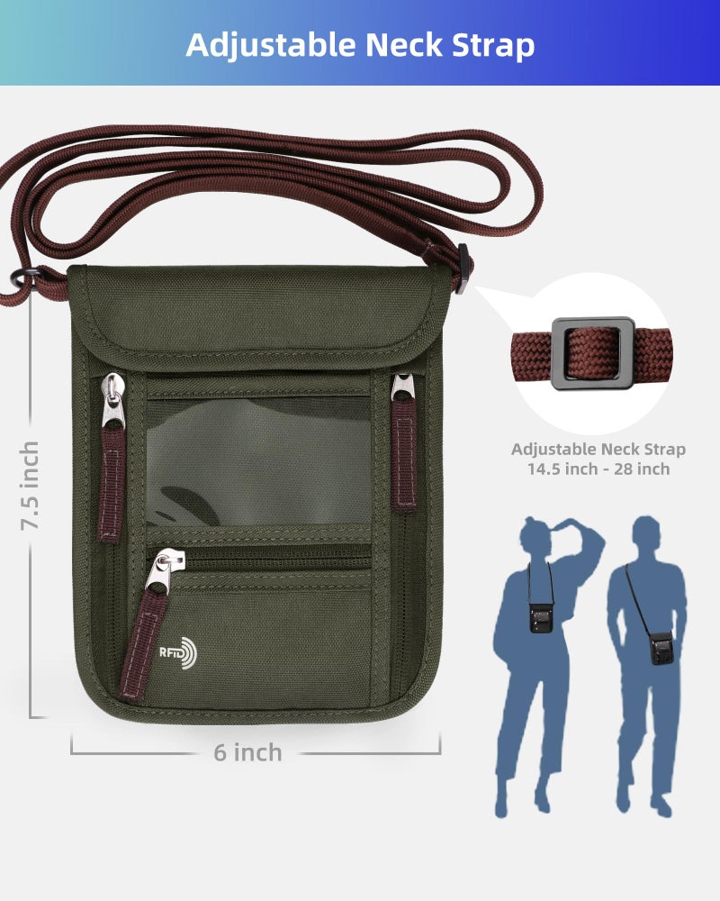 WALNEW Passport Holder Neck Pouch Travel Wallet for Women and Men, RFID Blocking Security Slim Traveling Wallet with Around Neck Lanyard Strap, Army Green - Image 2
