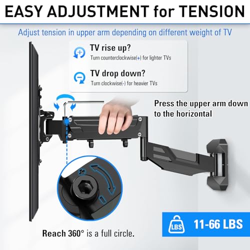 MOUNTUP Height Adjustable TV Wall Mount for 26-55 Inch TVs, Gas Spring Full Motion Articulating TV Bracket with Smooth Swivel Tilt & Safe Corner Installation, 400x400mm VESA, 11-66 lbs, Textured Black - Image 2