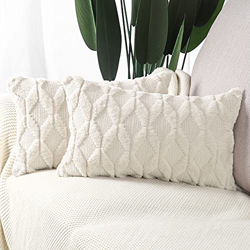 MADIZZ MADIZZ Set of 2 Soft Plush Short Wool Velvet Decorative Throw Pillow Covers 12x20 inch Beige Rectangular Luxury Style Cushion Cases Pillow Shell for Sofa Bedroom 