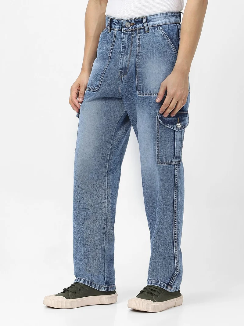 أوربانو فاشن Urbano Fashion Men's Light Blue Loose Baggy Fit Washed Cargo Jeans with 6 Pockets Non-Stretchable