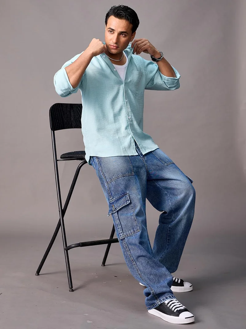 أوربانو فاشن Urbano Fashion Men's Light Blue Loose Baggy Fit Washed Cargo Jeans with 6 Pockets Non-Stretchable