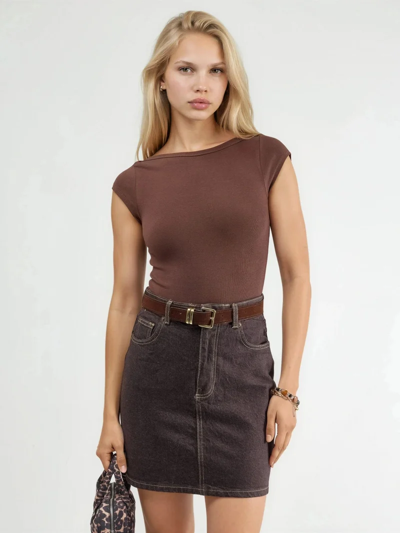 Qustyle QU STYLE High Waist Denim Mini Skirt with Belt