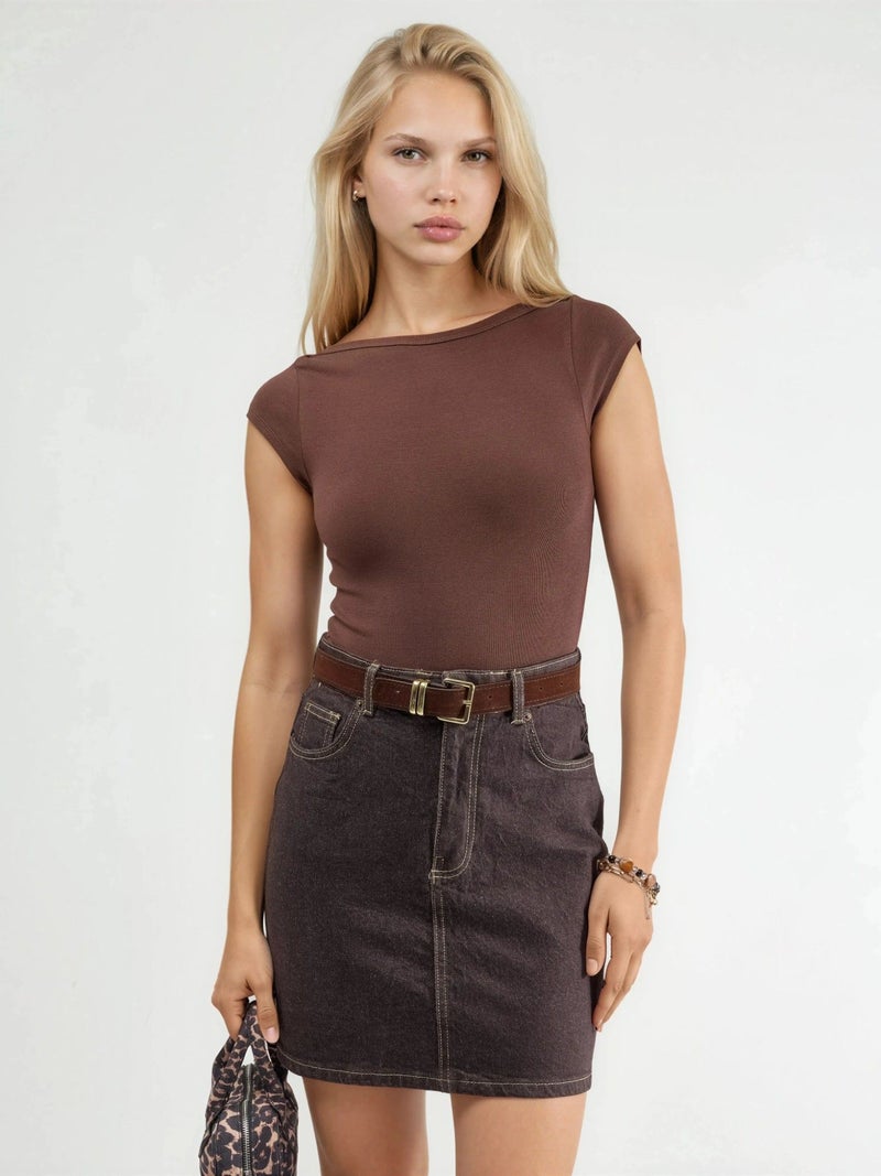 Qustyle QU STYLE High Waist Denim Mini Skirt with Belt - Image 2