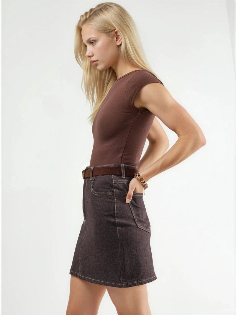 Qustyle QU STYLE High Waist Denim Mini Skirt with Belt - Image 3