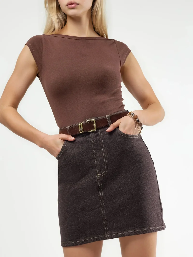 Qustyle QU STYLE High Waist Denim Mini Skirt with Belt