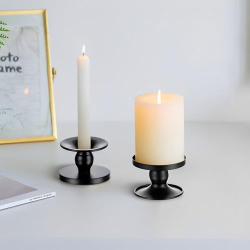 Auerllcy Table Gold Candle Holders – Set of 2 | Reversible Metal Candle Stand for Pillar & Taper Candles | Stylish Tabletop Candle Tray for Home Décor, Weddings & Special Occasions (Black) - Image 4