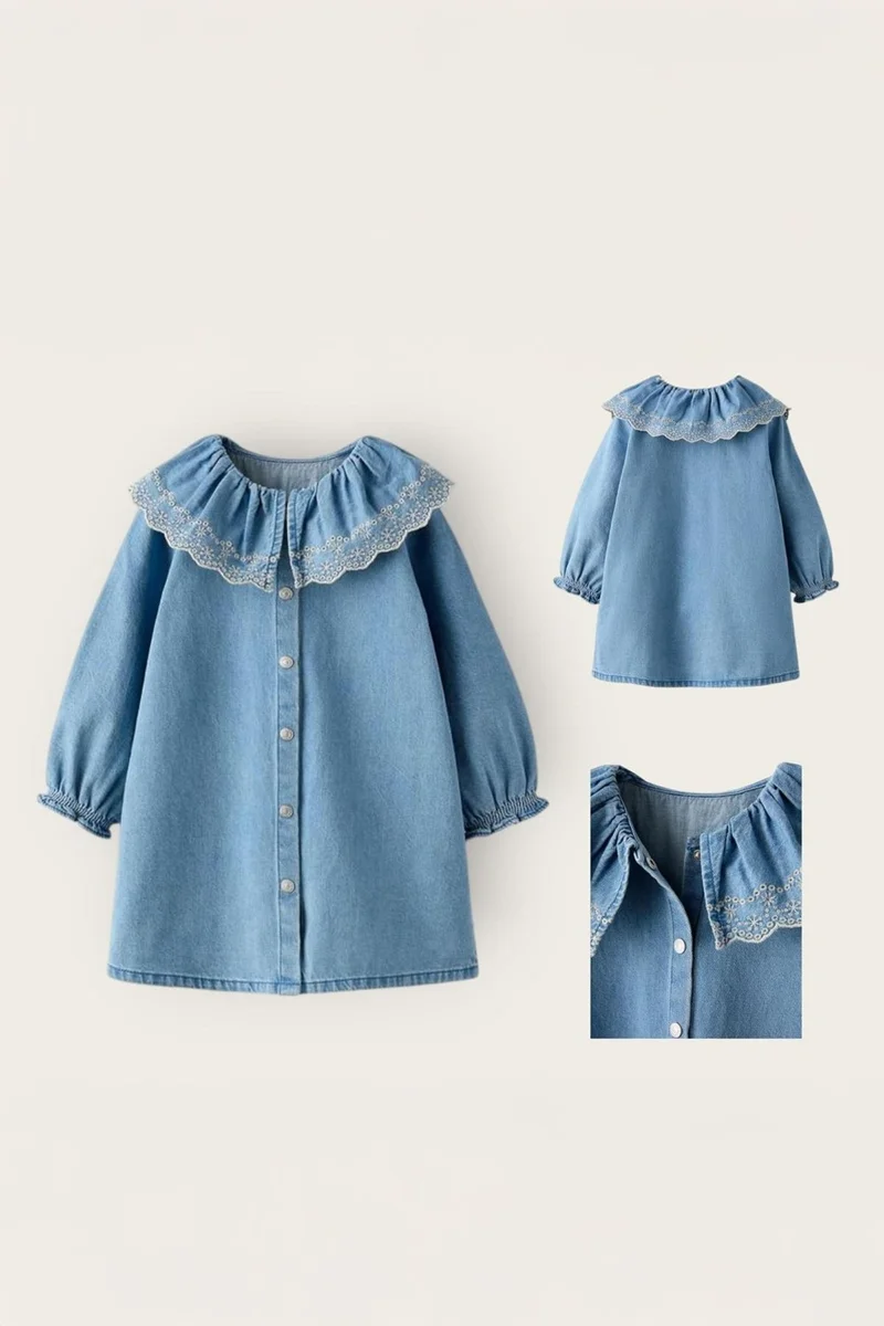 Miniğimin Cicileri My Little One's Cici's Stylish Girl's Denim Dress with Lace Collar and Buttons - Light Blue