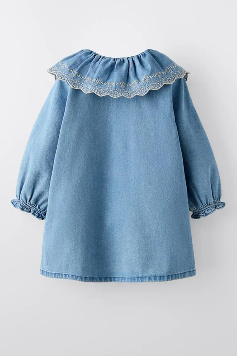 Miniğimin Cicileri My Little One's Cici's Stylish Girl's Denim Dress with Lace Collar and Buttons - Light Blue