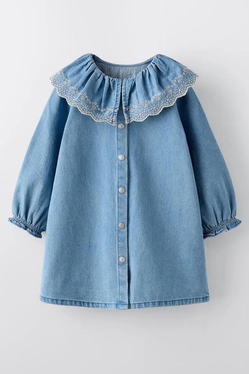 Miniğimin Cicileri My Little One's Cici's Stylish Girl's Denim Dress with Lace Collar and Buttons - Light Blue