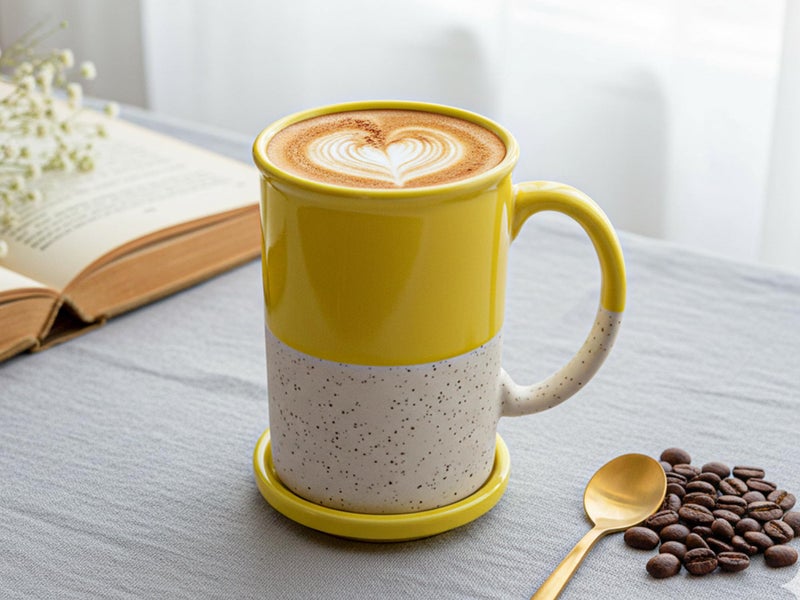 Bodhi House Ceramic Hand Glazed Tea and Coffee Mug with Coaster - 300ml | Set of 1 | Microwave & Dishwasher Safe | for Home Office - Yellow - Image 1