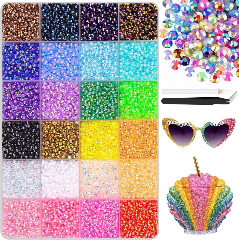 HYRAINBOW Nail Art Rhinestones, 24 Colors 3mm Flatback Nail Gems Nail Rhinestones Bedazzling Kit with Pick Up Tweezers and Pen for DIY Art Crafts Decoration (24 Colors) - Image 1