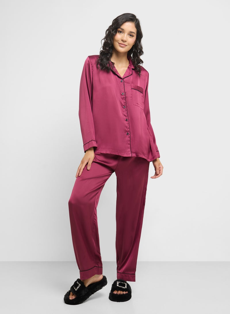Ginger Satin Shirt & Pyjama Set With Contrast Trim  - Image 5