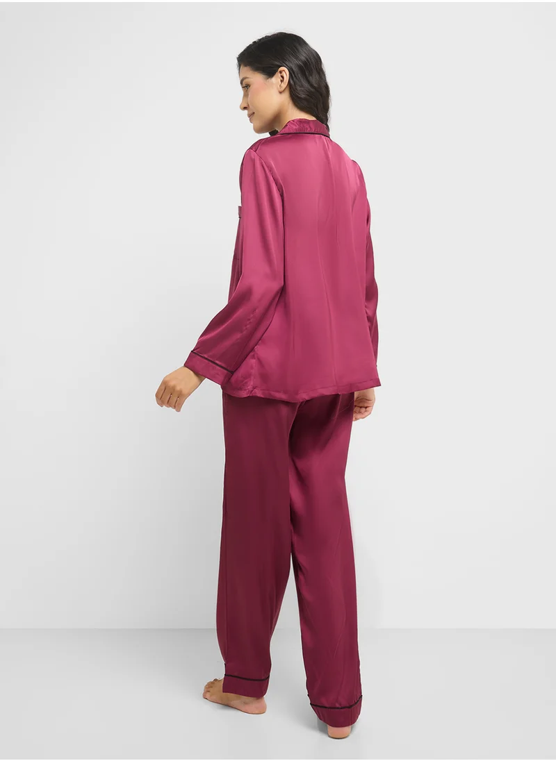 جينجر Satin Shirt & Pyjama Set With Contrast Trim