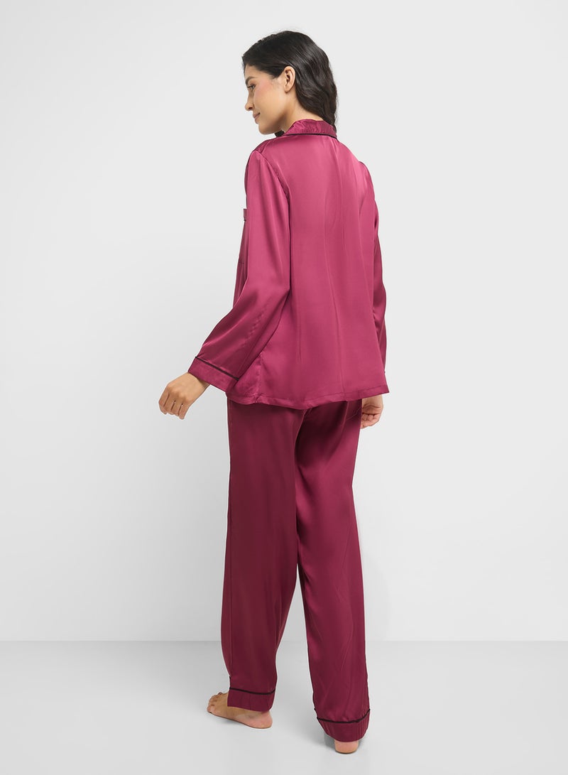 Ginger Satin Shirt & Pyjama Set With Contrast Trim  - Image 2