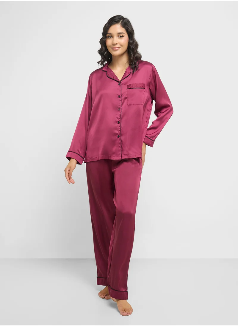 جينجر Satin Shirt & Pyjama Set With Contrast Trim