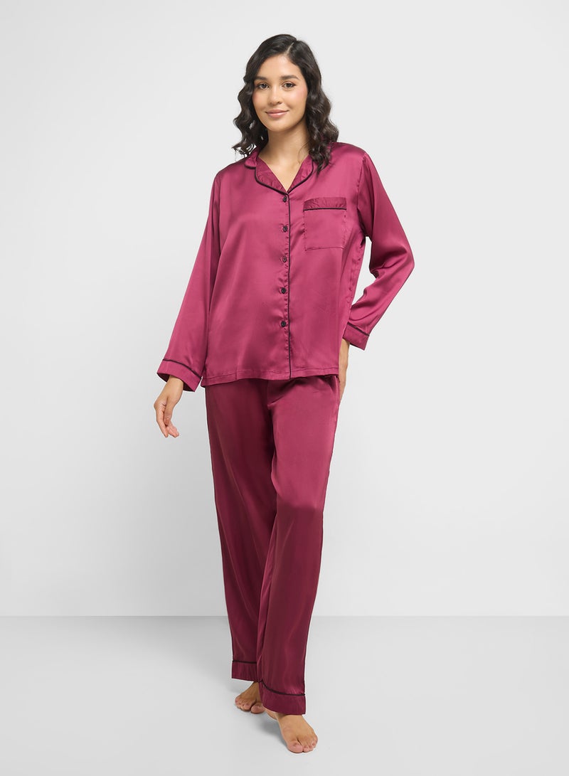 Ginger Satin Shirt & Pyjama Set With Contrast Trim  - Image 1