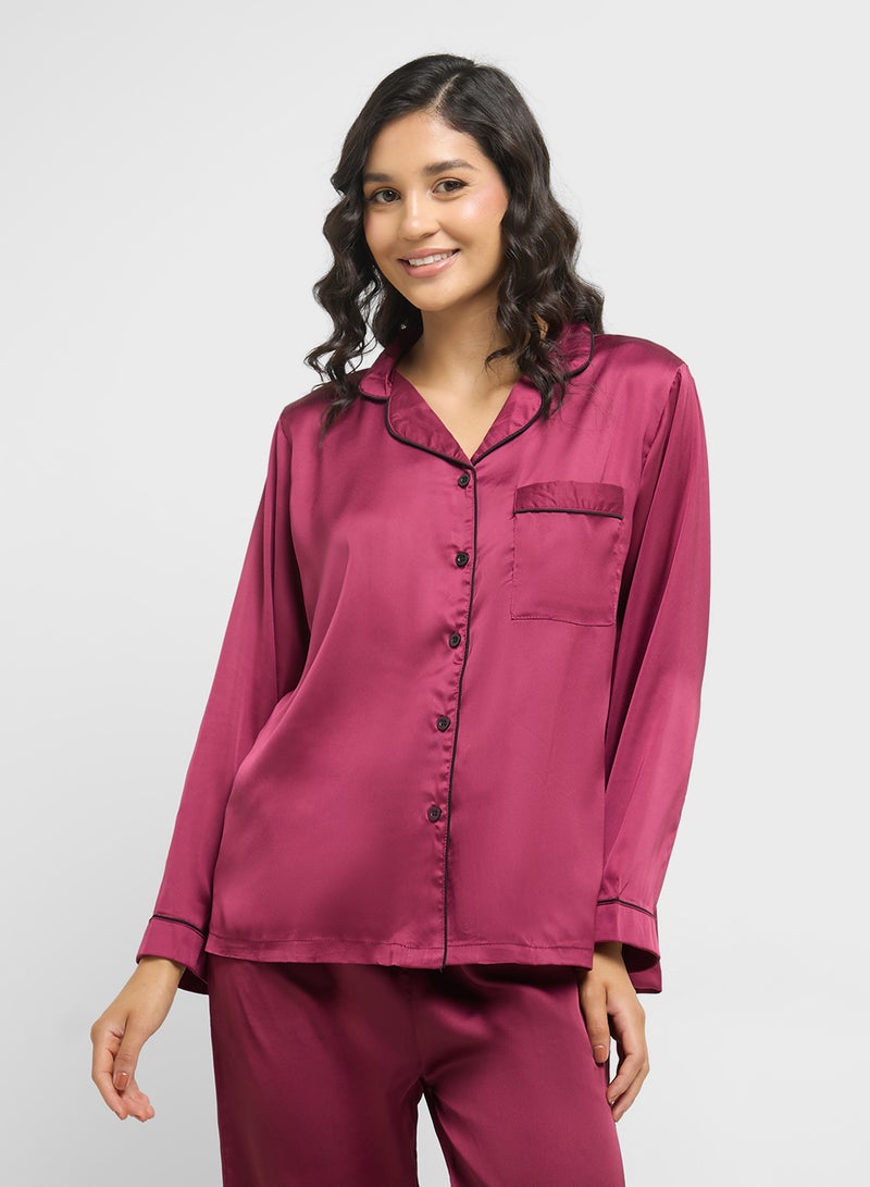 Ginger Satin Shirt & Pyjama Set With Contrast Trim  - Image 3