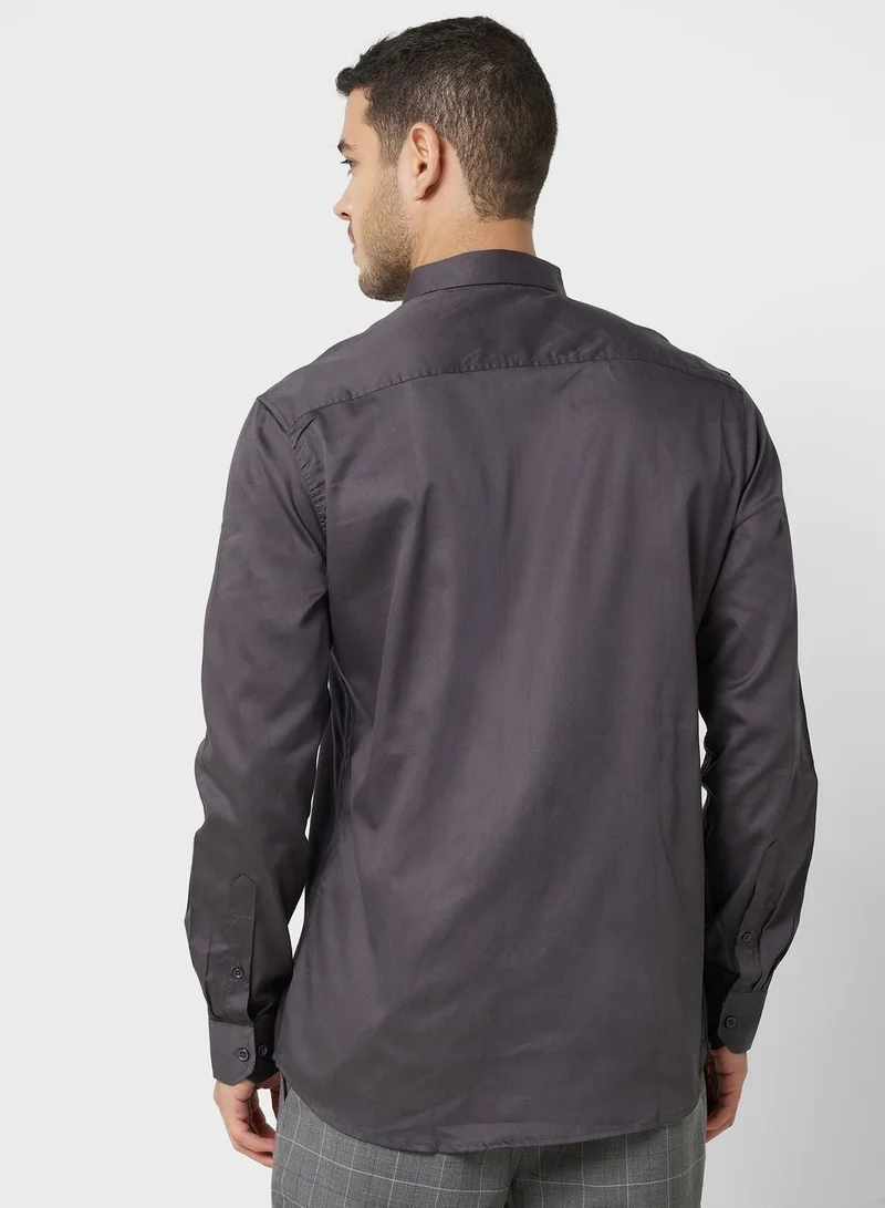 توماس سكوت قميص رجالي كاجوال رمادي من القطن الخالص بقصة مريحة