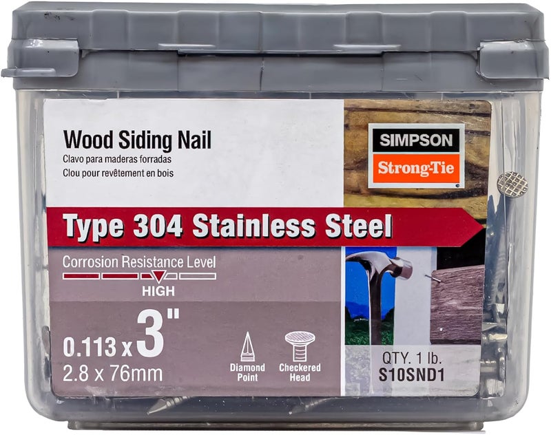 Simpson StrongTie Simpson Strong Tie S10SND1 Ring-Shank Wood Siding Nail, 3 Inch x 0.218 Inch, 12 Gauge, Full Round Head, Diamond Point, Type 304 Stainless Steel (Pack of 120) - Image 1