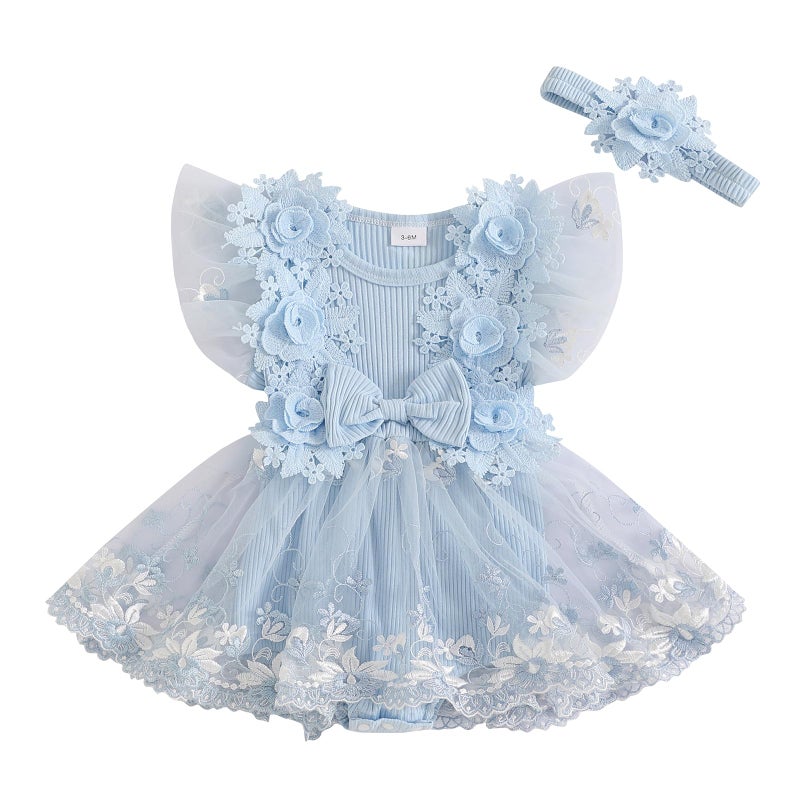 Douhoow Baby Girls Romper Dress Baby Dress Romper 3D Flowers Mesh Skirt Hem Infant Girl Summer Clothes with Headband (Light Blue, 3-6 Months) - Image 1