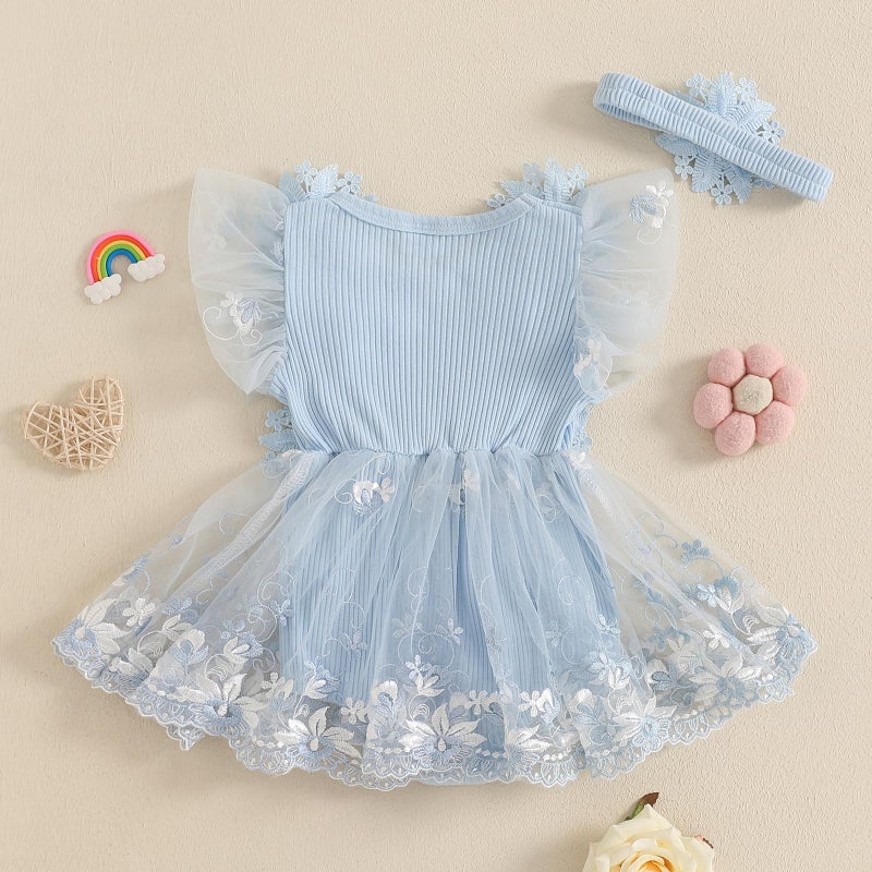 Douhoow Baby Girls Romper Dress Baby Dress Romper 3D Flowers Mesh Skirt Hem Infant Girl Summer Clothes with Headband (Light Blue, 3-6 Months) - Image 4