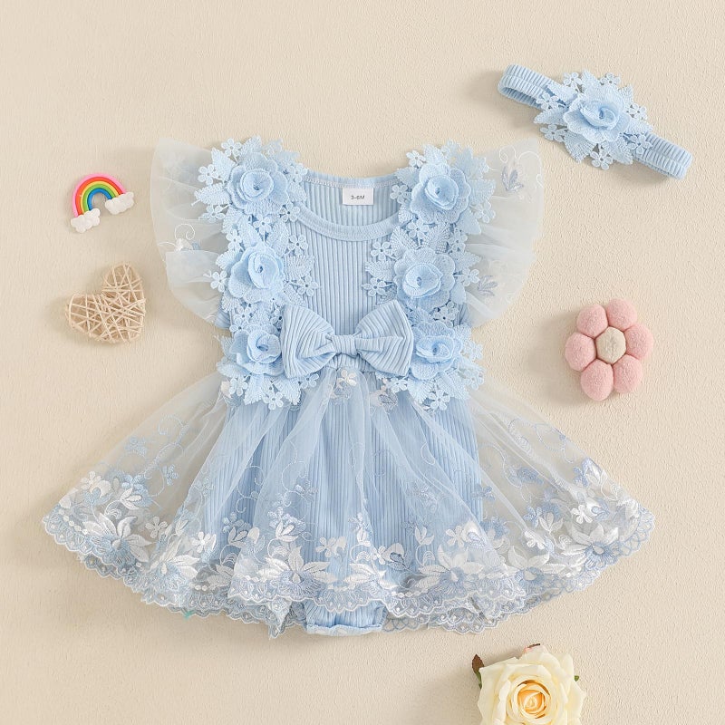 Douhoow Baby Girls Romper Dress Baby Dress Romper 3D Flowers Mesh Skirt Hem Infant Girl Summer Clothes with Headband (Light Blue, 3-6 Months) - Image 3