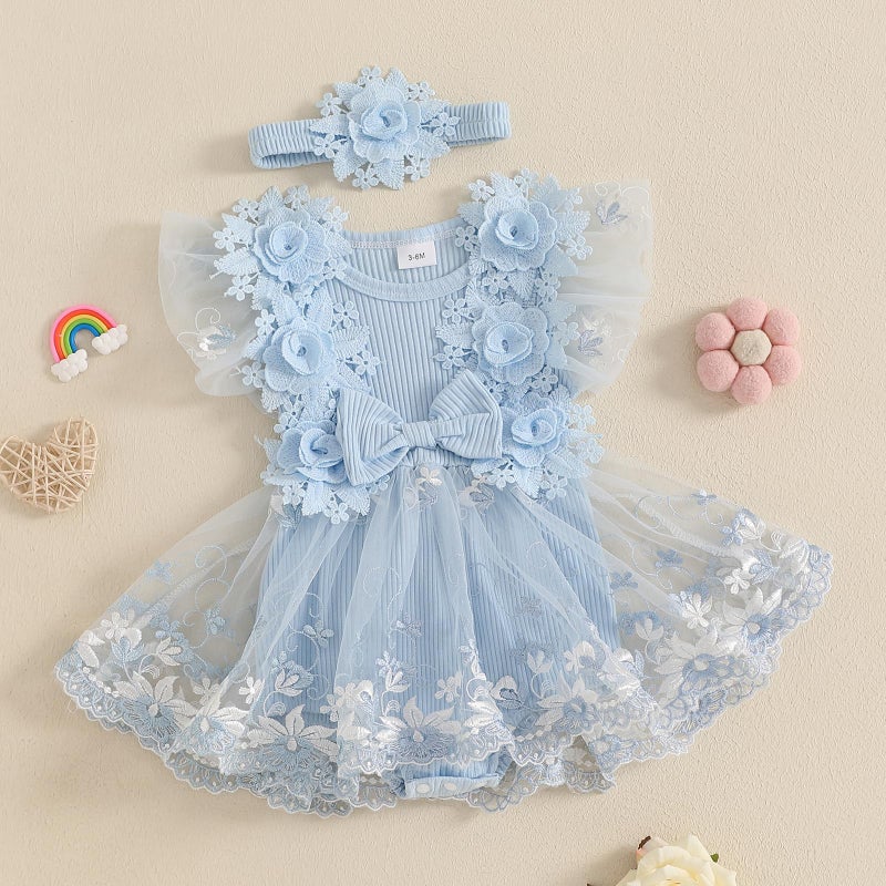 Douhoow Baby Girls Romper Dress Baby Dress Romper 3D Flowers Mesh Skirt Hem Infant Girl Summer Clothes with Headband (Light Blue, 3-6 Months) - Image 2
