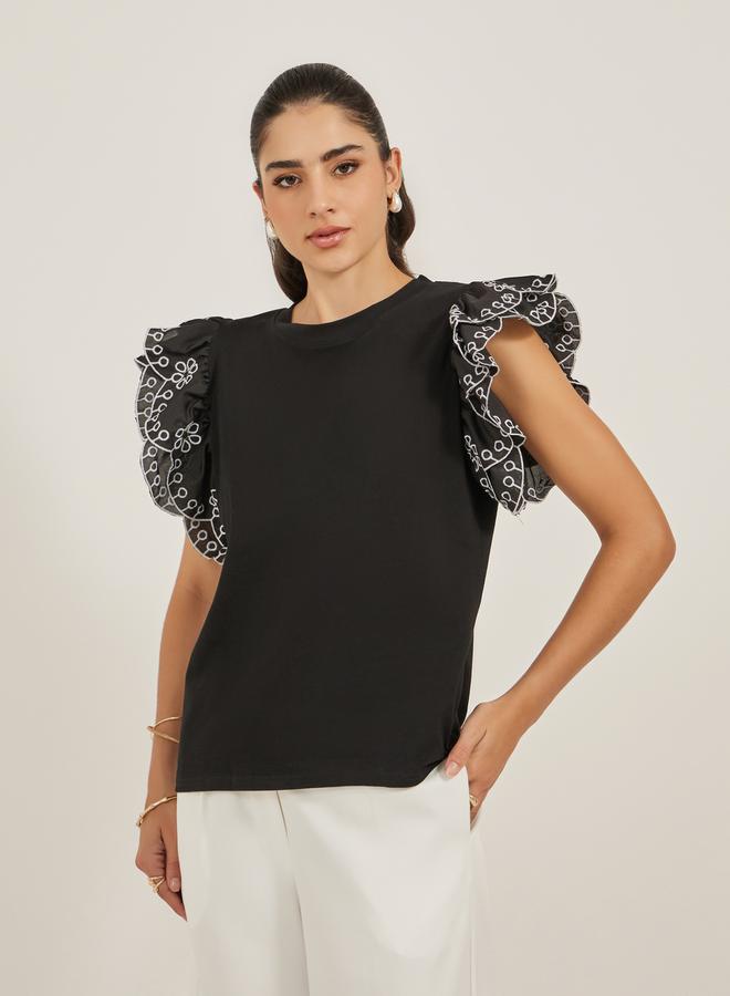 Styli Frill Sleeve Schiffli Round Neck T-Shirt  - Image 3