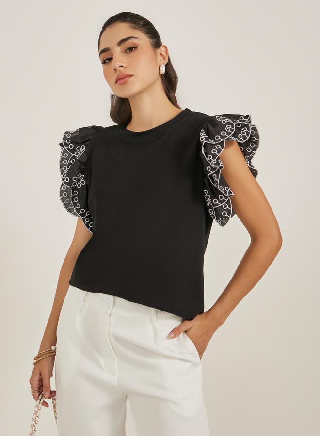 Styli Frill Sleeve Schiffli Round Neck T-Shirt  - Image 5