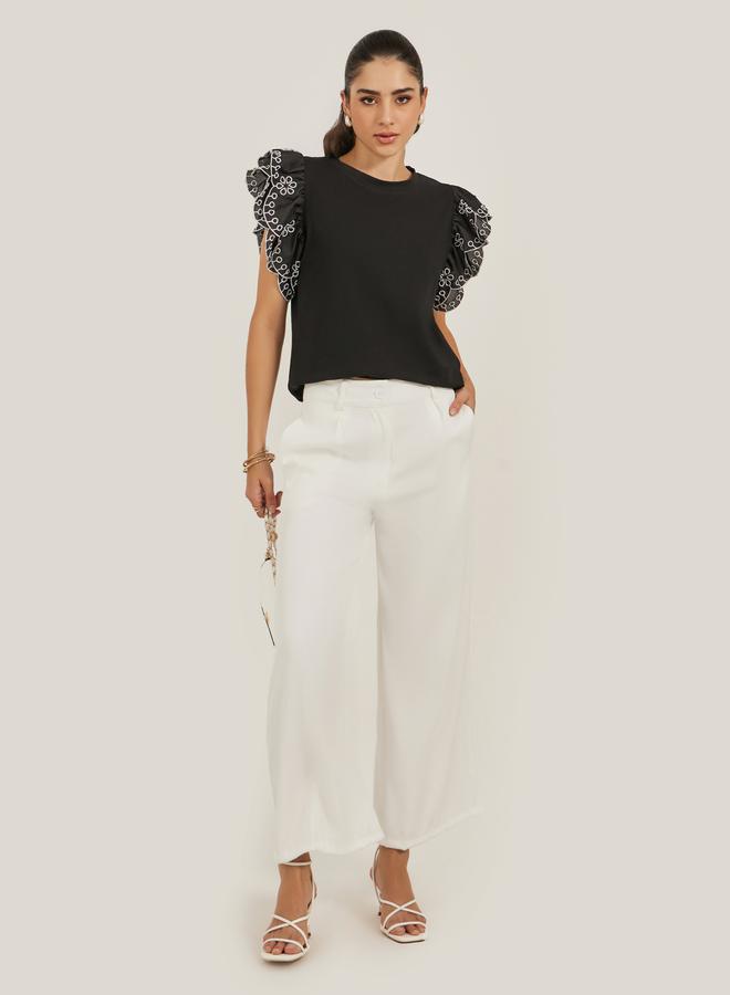 Styli Frill Sleeve Schiffli Round Neck T-Shirt  - Image 2