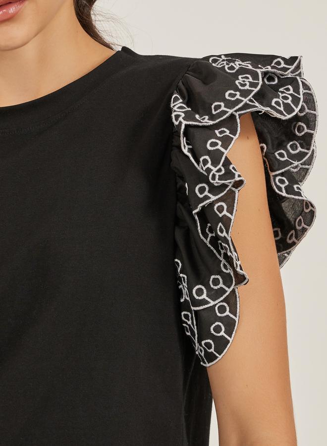 Styli Frill Sleeve Schiffli Round Neck T-Shirt  - Image 4