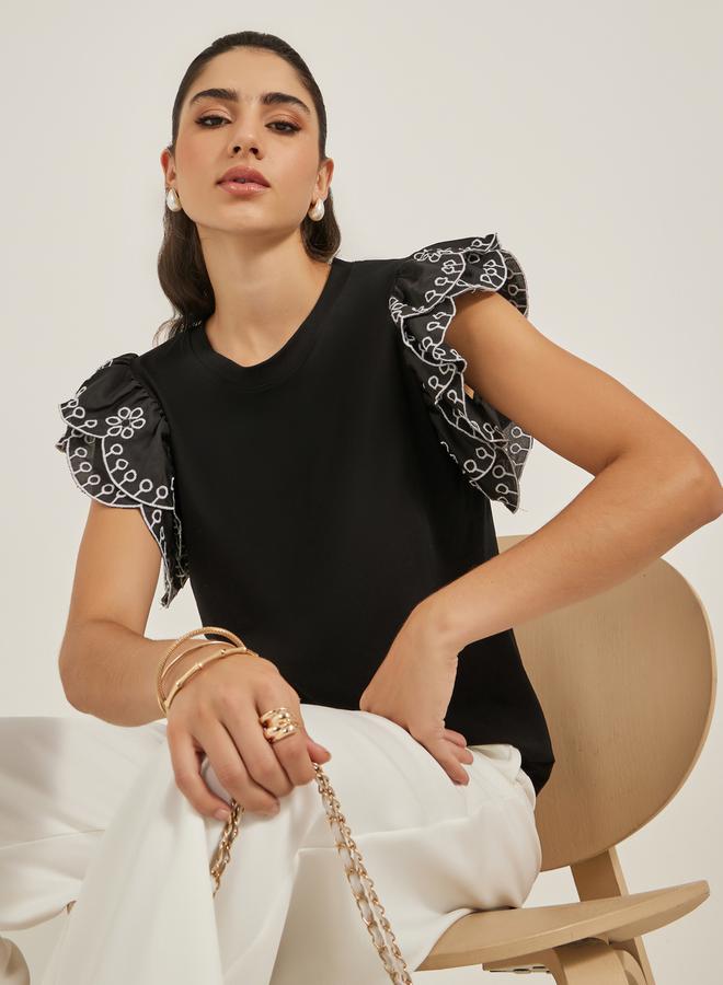 Styli Frill Sleeve Schiffli Round Neck T-Shirt  - Image 1