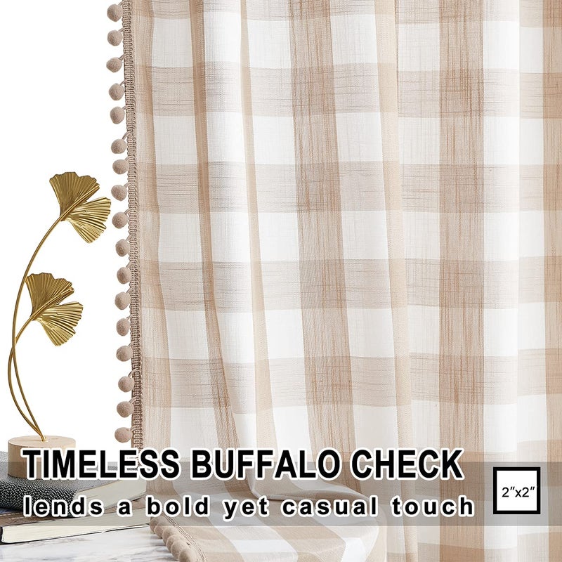 Treatmentex Buffalo Check Curtains 84inch Farmhouse Pom Pom Drapes for Living Room Vintage Gingham Plaid Semi Sheer Tan Window Curtains for Bedroom Kitchen 2 Panels Rod Pocket Taupe and White - Image 3