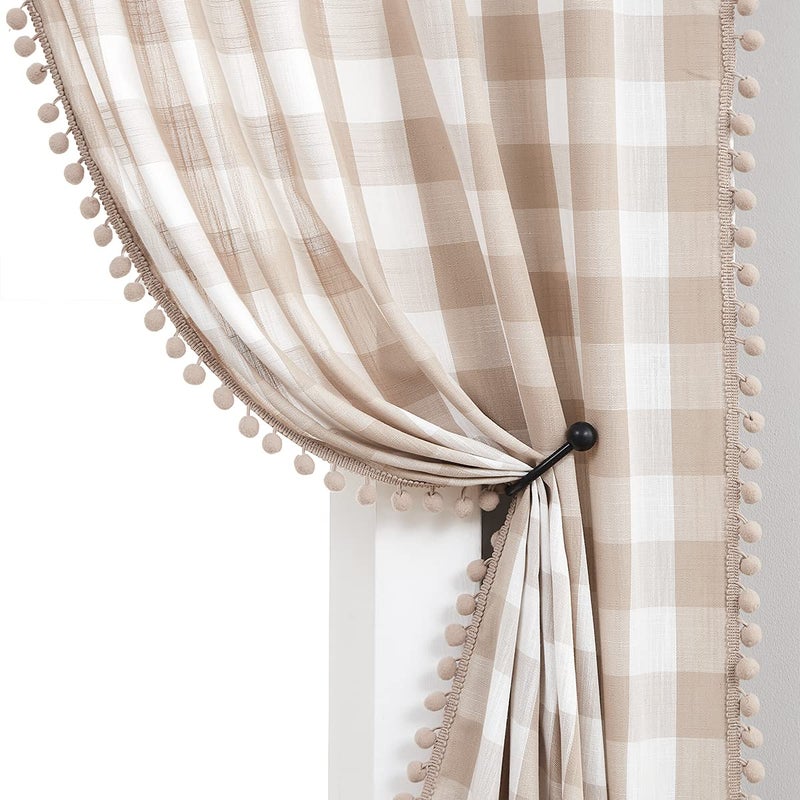 Treatmentex Buffalo Check Curtains 84inch Farmhouse Pom Pom Drapes for Living Room Vintage Gingham Plaid Semi Sheer Tan Window Curtains for Bedroom Kitchen 2 Panels Rod Pocket Taupe and White - Image 1