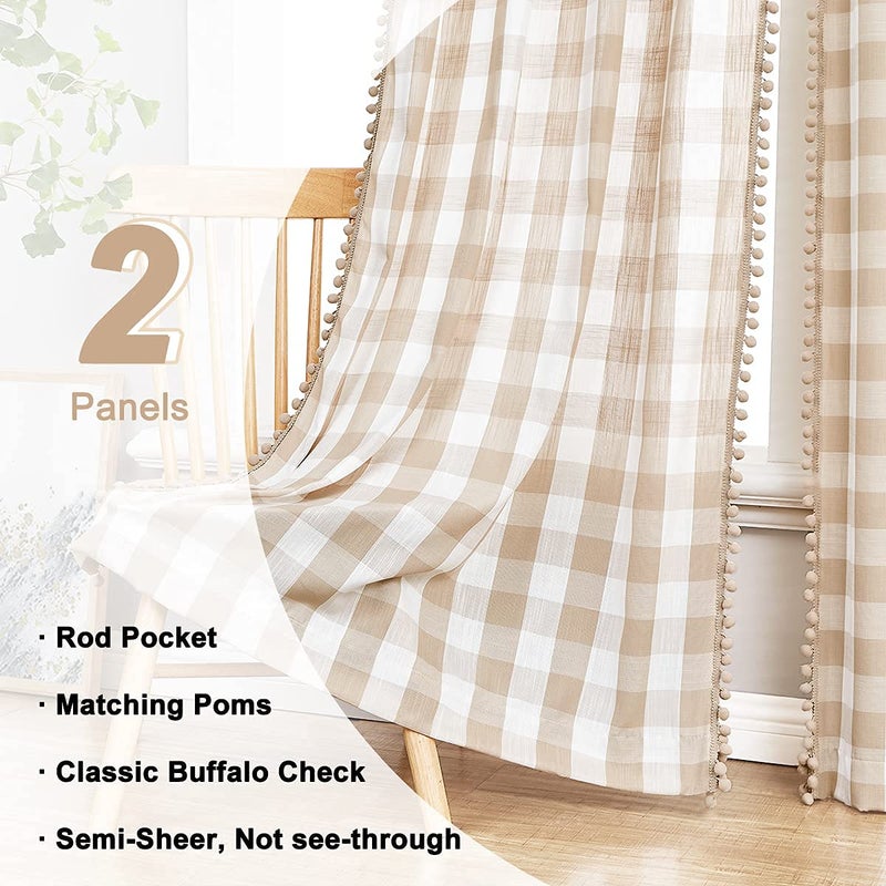 Treatmentex Buffalo Check Curtains 84inch Farmhouse Pom Pom Drapes for Living Room Vintage Gingham Plaid Semi Sheer Tan Window Curtains for Bedroom Kitchen 2 Panels Rod Pocket Taupe and White - Image 4